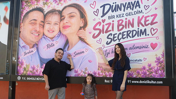Eşine ve kızına olan sevgisini kentin billboardlarına taşıdı: Dünyaya bir kez gelsem sizi bin kez seçerdim | İ