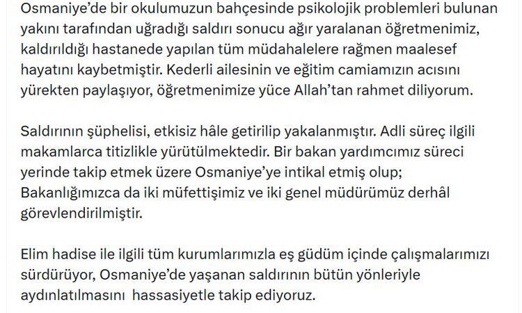 Bakan Tekin, Osmaniye'de saldırı sonucu ölen öğretmen için taziye mesajı yayımladı | İşte Tüm Ayrıntılar