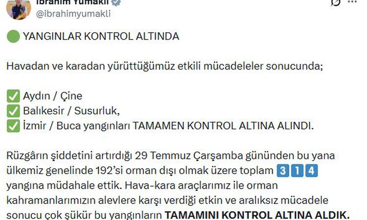Son Gelişme: Bakan Yumaklı: Buca, Çine ve Susurluk'taki orman alevlerları kontrol altında - Son Dakika | İşte