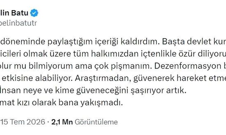 Pelin Batu, who shared that "There was no state" during the earthquake, apologized - Last Minute