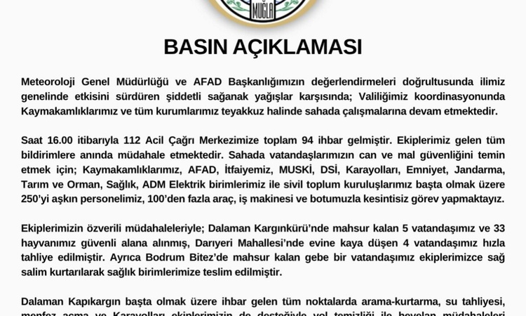 Gündemden Son Bilgiler: Muğla'da sağanakta 112'ye 94 ihbar geldi, Valilik 250'yi aşkın personelle çalışıyor |