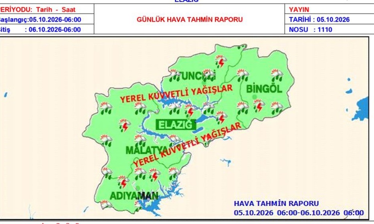 Meteoroloji 13. Bölge Müdürlüğü, Elazığ için kuvvetli yağış uyarısında bulundu