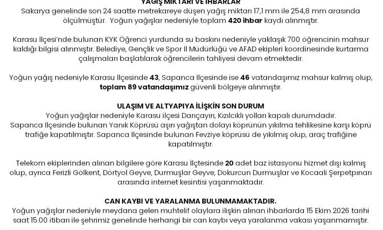 Sakarya'da sağanak bilançosu resmen duyuruldu, Karasu'da 700 öğrencinin tahliyesi sürüyor: Gelişmeler Takip Ed