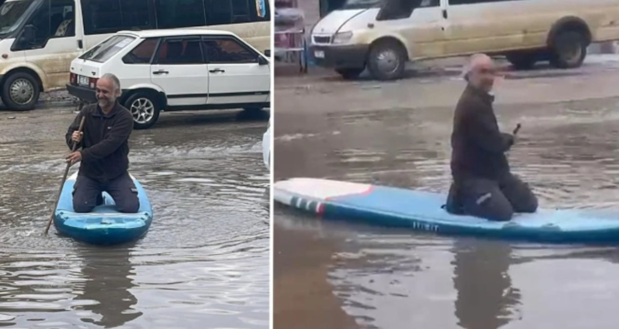 Sanayi sitesini su basınca esnaf işe sörf yaparak gitti! - Son Dakika - Son Dakika Bilgileri