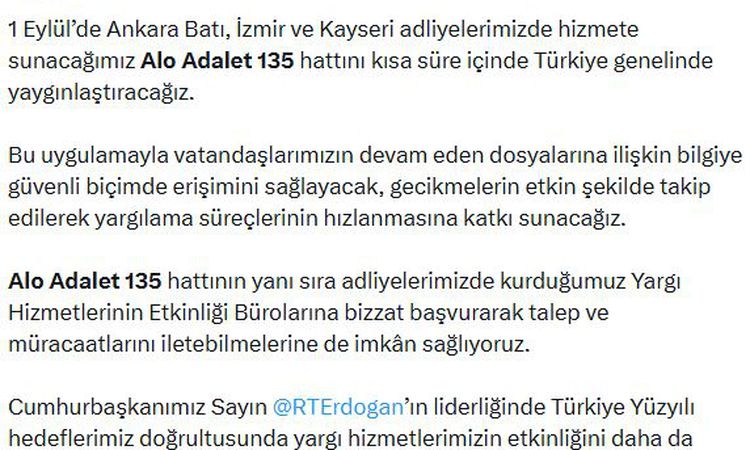 Son Gelişme: Adalet Bakanı Gürlek: 'Alo Adalet 135' hattını kısa süre içinde Türkiye genelinde yaygınlaştıraca