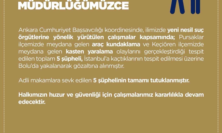 Son Gelişme: Bolu'da yakalanan 5 şüpheli yeni nesil suç örgütlerine yönelik operasyonda hakkında tutuklama kar