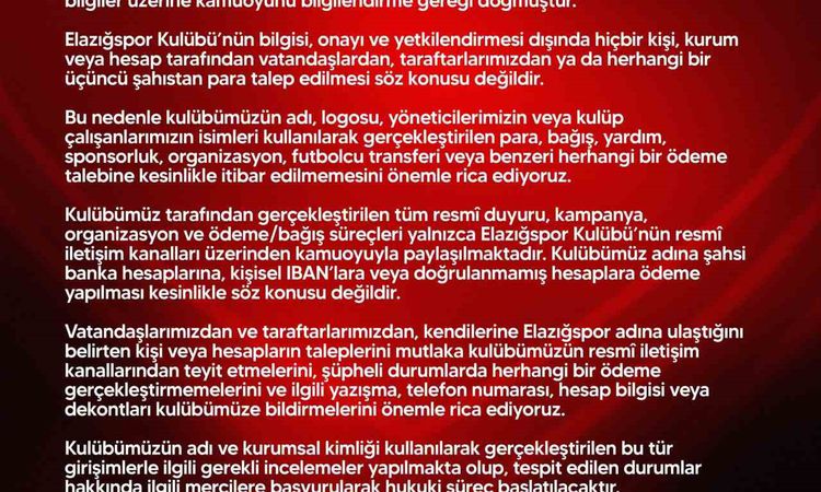 Son Gelişme: Elazığspor’dan dolandırıcılık uyarısı ve Merak Edilenler