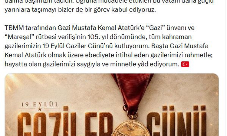 Son Gelişme: İletişim Başkanı Duran, Atatürk'e Gazi ünvanı verilişinin 105. yılında mesaj paylaştı: Gelişmeler