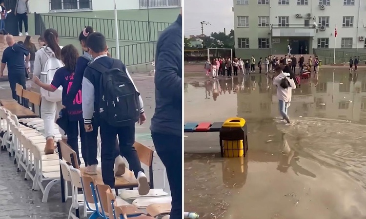 Son Gelişme: Okul bahçesi yağmur sonrası göle döndü: Öğrenciler sıralardan geçiş yolu yaptı - Son Dakika Bilgi